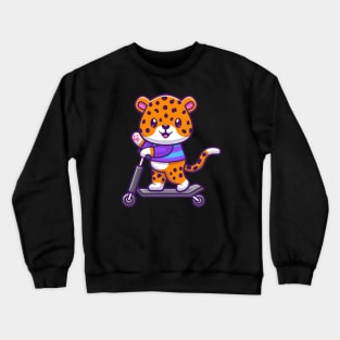 Cute Cheetah Tiger Riding Scooter Electric Cartoon Crewneck Sweatshirt